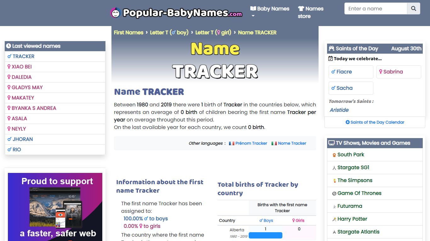 The Name Tracker : popularity, meaning and origin, popular baby names